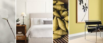 Shown on left, inspirational imagery of a snowball resting on a branch, paired with a modern bedroom with light neutral color scheme and board and batten walls painted in the color White Snow. Shown on right, spindles of chartreuse thread next to an interior image with abstract black and white artwork on Chartreuse wall with modern black and metal chair in the foreground.