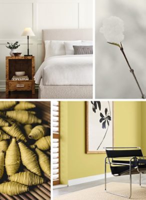 Shown on left, inspirational imagery of a snowball resting on a branch, paired with a modern bedroom with light neutral color scheme and board and batten walls painted in the color White Snow. Shown on right, spindles of chartreuse thread next to an interior image with abstract black and white artwork on Chartreuse wall with modern black and metal chair in the foreground.