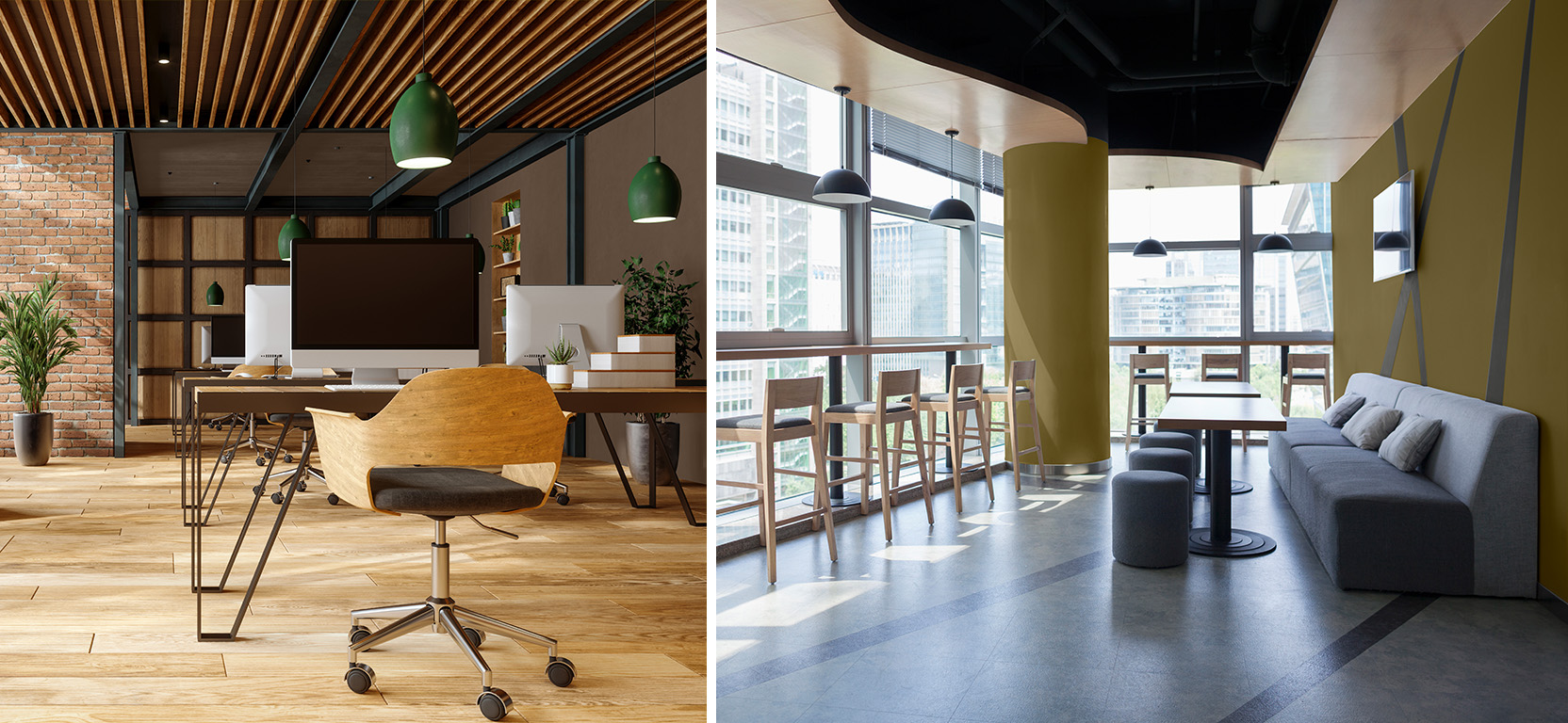Left image: Modern office with natural color scheme, slatted ceiling, green pendant lighting, wood floors, wood desks with geometric legs and wood-backed swivel chairs. Right image: Urban coworking space with dark green and gray color scheme, wall of windows with counter facing out, and modern banquette seating at low tables against the wall.