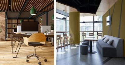 Left image: Modern office with natural color scheme, slatted ceiling, green pendant lighting, wood floors, wood desks with geometric legs and wood-backed swivel chairs. Right image: Urban coworking space with dark green and gray color scheme, wall of windows with counter facing out, and modern banquette seating at low tables against the wall.