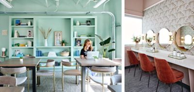 Left image: Interior of the Lola coworking space, with light blue-green walls and built-in shelving full of books and decor, with a woman working on a laptop at one of two modern worktables in foreground. Right image: Vanity area with three stations with round mirrors, globe vanity lights, rust-colored velvet chairs, pink walls, patterned wallpaper, and bouquet of flowers near window.