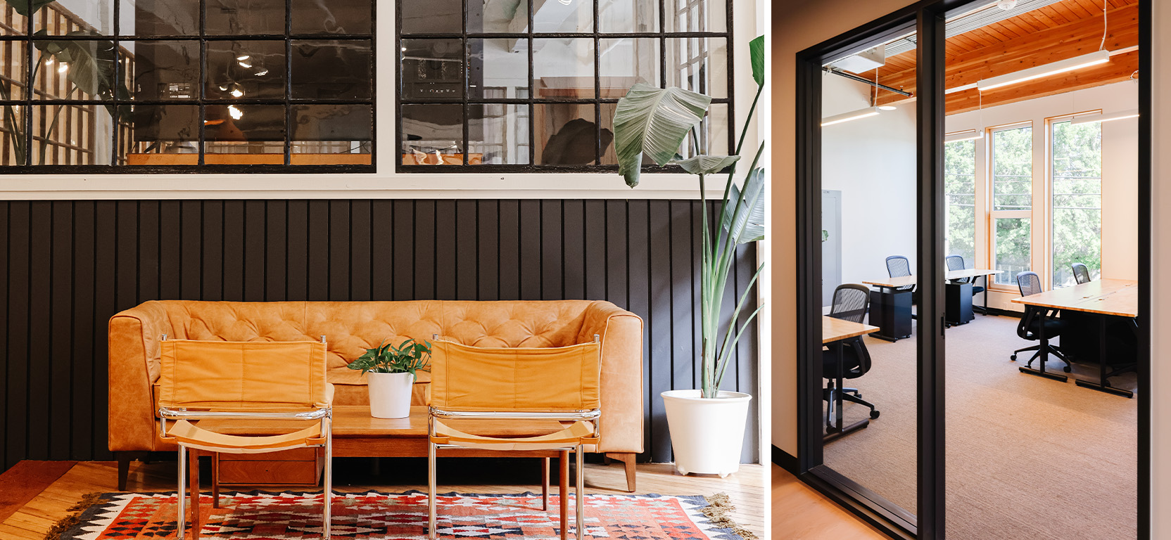 Left image: Modern bohemian office space seating area with dark walls and trim, tufted sofa and vintage-style camp chairs on patterned rug with large potted plant. Right image: View through sliding glass doors into naturally lit work space with large tables and desk chairs.