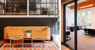 Left image: Modern bohemian office space seating area with dark walls and trim, tufted sofa and vintage-style camp chairs on patterned rug with large potted plant. Right image: View through sliding glass doors into naturally lit work space with large tables and desk chairs.