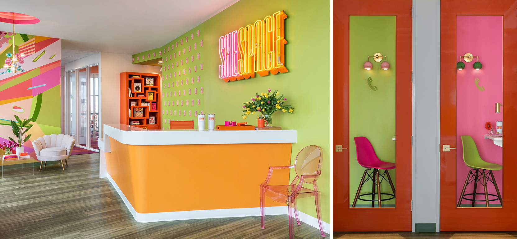 Left image: Bright and colorful coworking lobby area with a neon pink and orange sign that says “SheSpace” behind the orange desk. Right image: Pink and green modern “phone booth” areas seen through glass doors, brightly colored sculpted chairs and brightly painted walls.