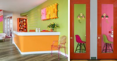 Left image: Bright and colorful coworking lobby area with a neon pink and orange sign that says “SheSpace” behind the orange desk. Right image: Pink and green modern “phone booth” areas seen through glass doors, brightly colored sculpted chairs and brightly painted walls.