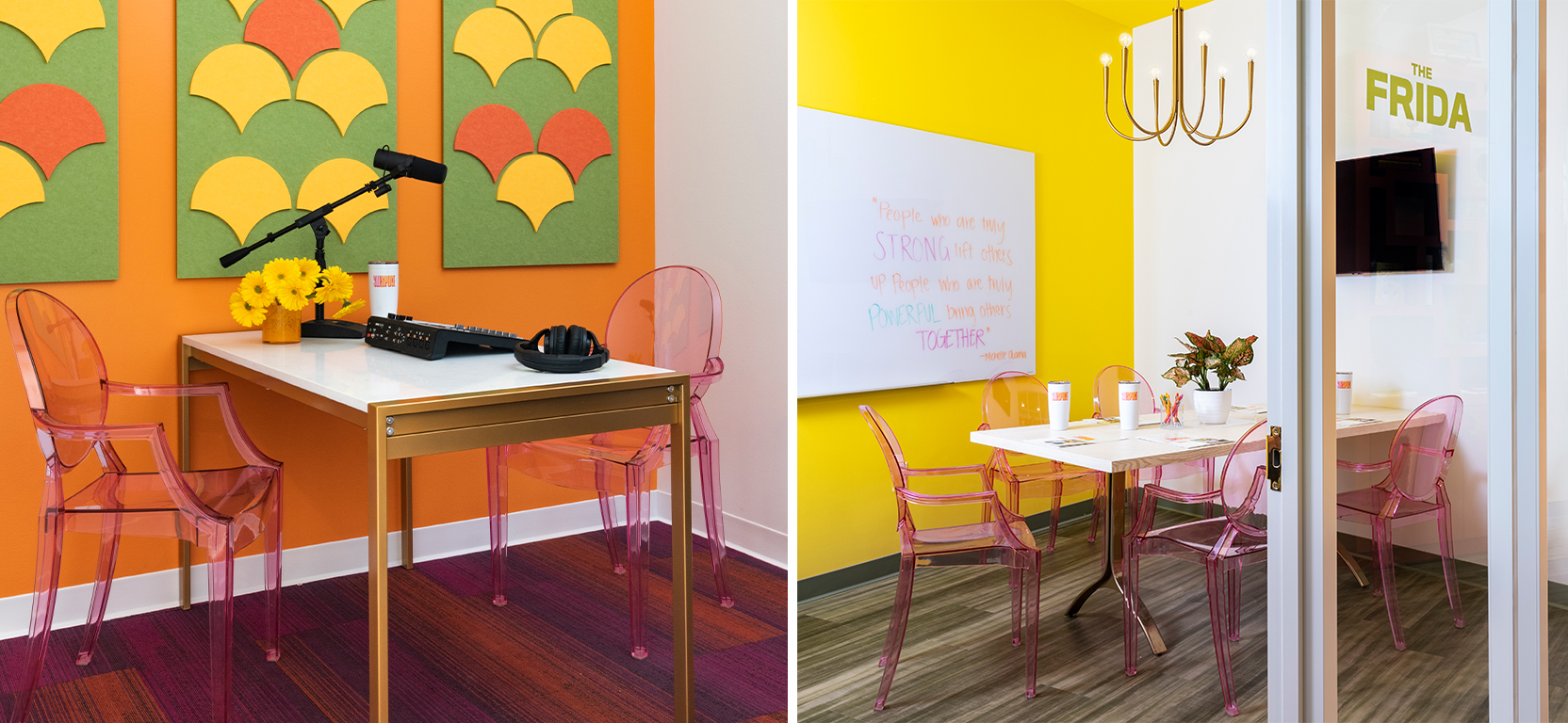 Meeting spaces with bright orange, yellow and green walls and decor and pink plastic armchairs.