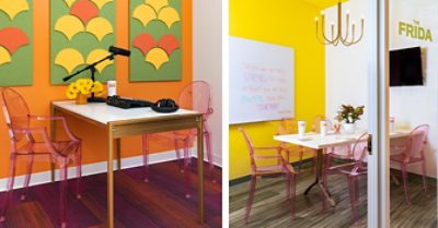 Meeting spaces with bright orange, yellow and green walls and decor and pink plastic armchairs.