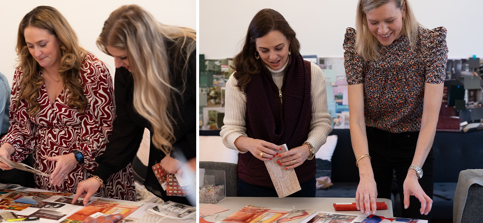 Members of the color forecast team gather around tables filled with inspiration images, color samples, and fabric swatches to select top trend colors for 2024.