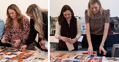 Members of the color forecast team gather around tables filled with inspiration images, color samples, and fabric swatches to select top trend colors for 2024.