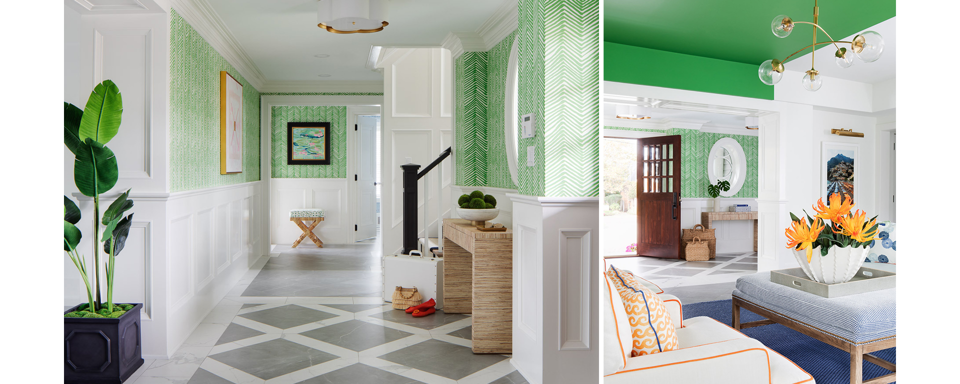 Left imag): Home entry and corridor with gray and white diamond-patterned tile, green and white patterned wallpaper above white wainscoting, modern accent table, and potted palm in foreground, Right image: Living room with blue rug and green ceiling, plush chair and ottoman in foreground with oversize floral arrangement on a tray and dark wood front door in background.