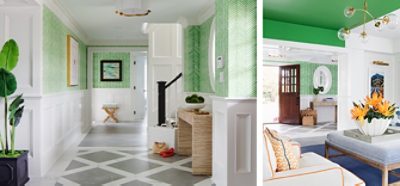 Left imag): Home entry and corridor with gray and white diamond-patterned tile, green and white patterned wallpaper above white wainscoting, modern accent table, and potted palm in foreground,Right image: Living room with blue rug and green ceiling, plush chair and ottoman in foreground with oversize floral arrangement on a tray and dark wood front door in background.