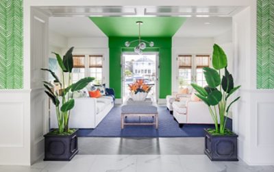Living room with white sofa and armchairs, blue rug, and white walls and ceiling with bright green painted stripe down the center of the room, twin potted palms in foreground.