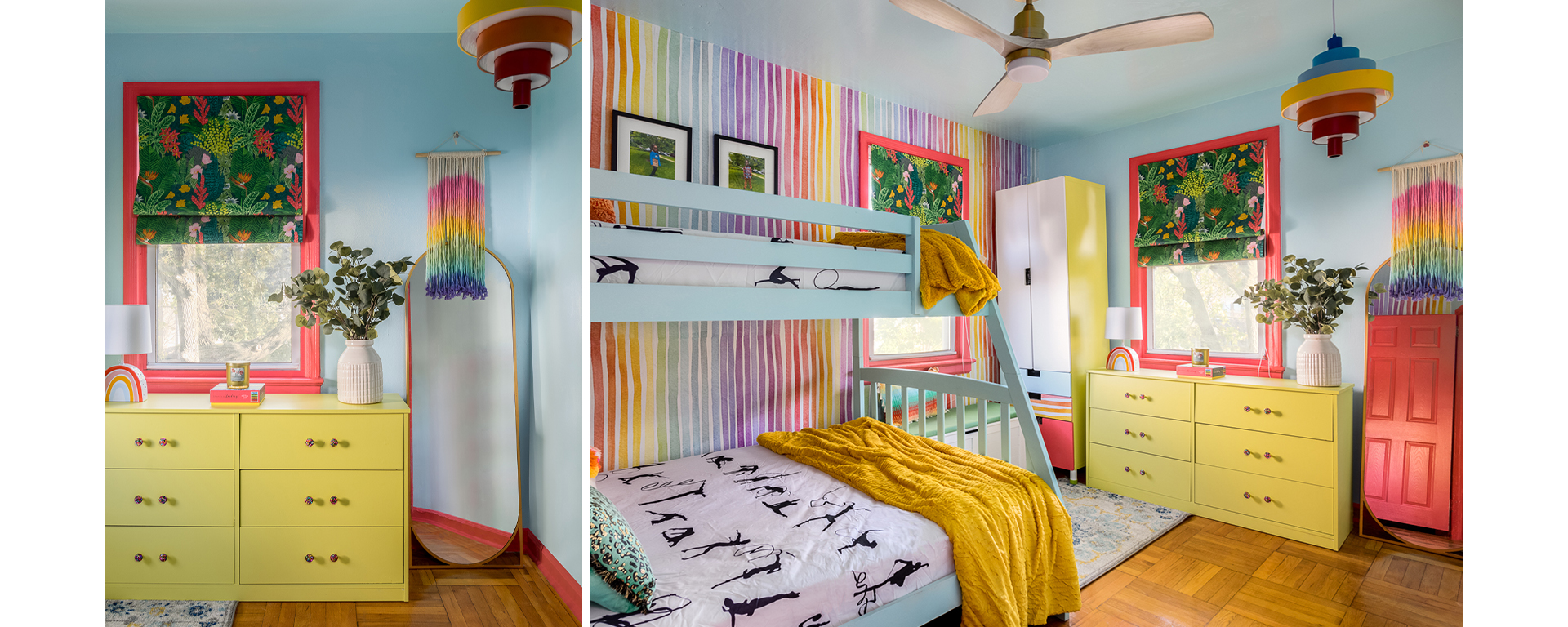 A colorful child’s room with light blue walls and bunk bed, yellow-green dresser and wardrobe, rainbow accent wall and details, and wood floor.
