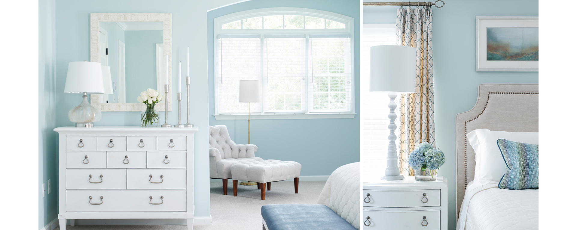 Relaxing and elegant bedroom with light blue walls, accents, and white furnishings and decor.