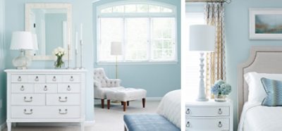 Relaxing and elegant bedroom with light blue walls, accents, and white furnishings and decor.