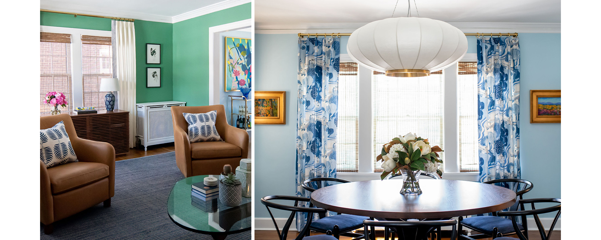 Left image: Glass coffee table with two tan leather armchairs with blue and white pillows in foreground with dark wood console table in front of window and jewel green painted walls,Right image: Round dining table with six wishbone dining chairs, bouquet centerpiece, in front of large window with blue and white curtains and light blue walls.