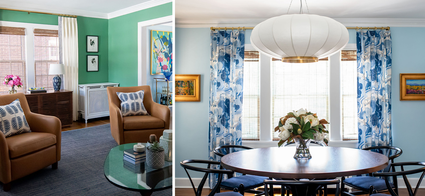 Left image: Glass coffee table with two tan leather armchairs with blue and white pillows in foreground with dark wood console table in front of window and jewel green painted walls,Right image: Round dining table with six wishbone dining chairs, bouquet centerpiece, in front of large window with blue and white curtains and light blue walls.
