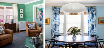 Left image: Glass coffee table with two tan leather armchairs with blue and white pillows in foreground with dark wood console table in front of window and jewel green painted walls,Right image: Round dining table with six wishbone dining chairs, bouquet centerpiece, in front of large window with blue and white curtains and light blue walls.