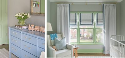 Soothing home nursery room with light blue dresser, comfortable white armchair, white crib, and light green door and trim.