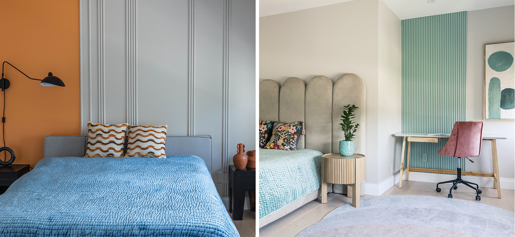 Two different bedroom scenes using light gray as a main wall color with accent walls, both with minimalist modern designs and decor.