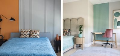 Two different bedroom scenes using light gray as a main wall color with accent walls, both with minimalist modern designs and decor.