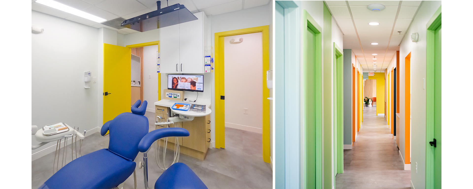 Interior of dental exam room and corridor with white walls and cheerfully bright multicolored doors and trim.