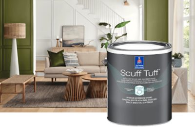 A can of Sherwin-Williams Scuff Tuff paint with a living room behind.