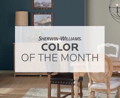 Sherwin Williams Color of the Month text over a dining room with Mount Etna SW 7625 painted on the walls.