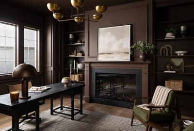 Dark, warmly lit home office with a central fireplace, large landscape painting above the mantel, tall windows, built-in shelving, a desk, green chair, and walls painted Chateau Brown.