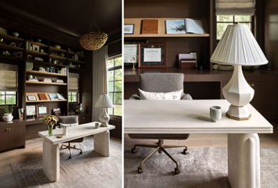 A split view of a warm, traditional home office in the chocolate box style with dark built-in shelves and walls painted Sherwin-Williams Sable, a light desk, gray office chair, and sculptural table lamp.