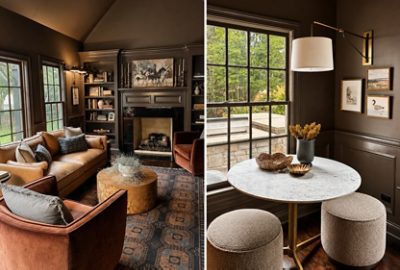 Split image of a traditional living room with a fireplace and leather seating and a dining nook with a marble table, stools, and large windows, both featuring Sherwin-Williams Tea Leaf painted walls.