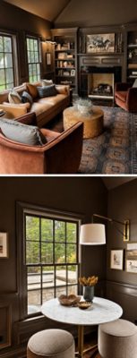 Split image of a traditional living room with a fireplace and leather seating and a dining nook with a marble table, stools, and large windows, both featuring Sherwin-Williams Tea Leaf painted walls.