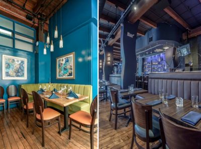 Side-by-side images of a modern restaurant interior with cozy booth seating on the left and a stylish bar on the right. 