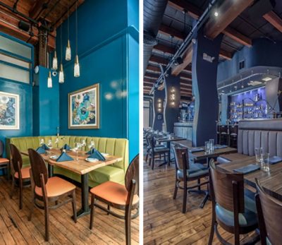 Side-by-side images of a modern restaurant interior with cozy booth seating on the left and a stylish bar on the right. 