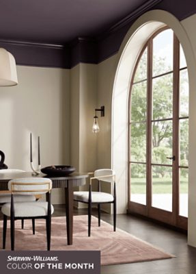 Modern dining room with large windowed door, table and chairs on a rug over wood floors with the ceiling painted in SW 6272 Plum Brown.