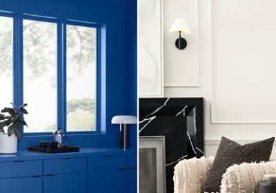A split image of a Frank Blue kitchen and a White Snow living room with different decor styles. 