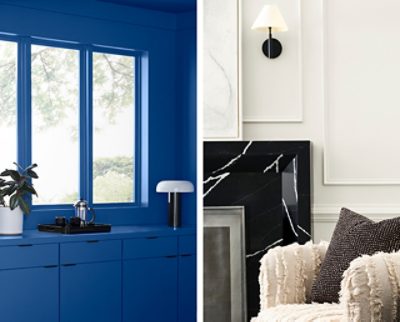 A split image of a Frank Blue kitchen and a White Snow living room with different decor styles. 