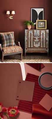 A split image featuring a Rewild Continuity Color, Red Barn, both on walls with a patterned chair and decorative cabinet and as a color sample in a flat lay displayed with fabric swatches, a paint drawdown, and florals.