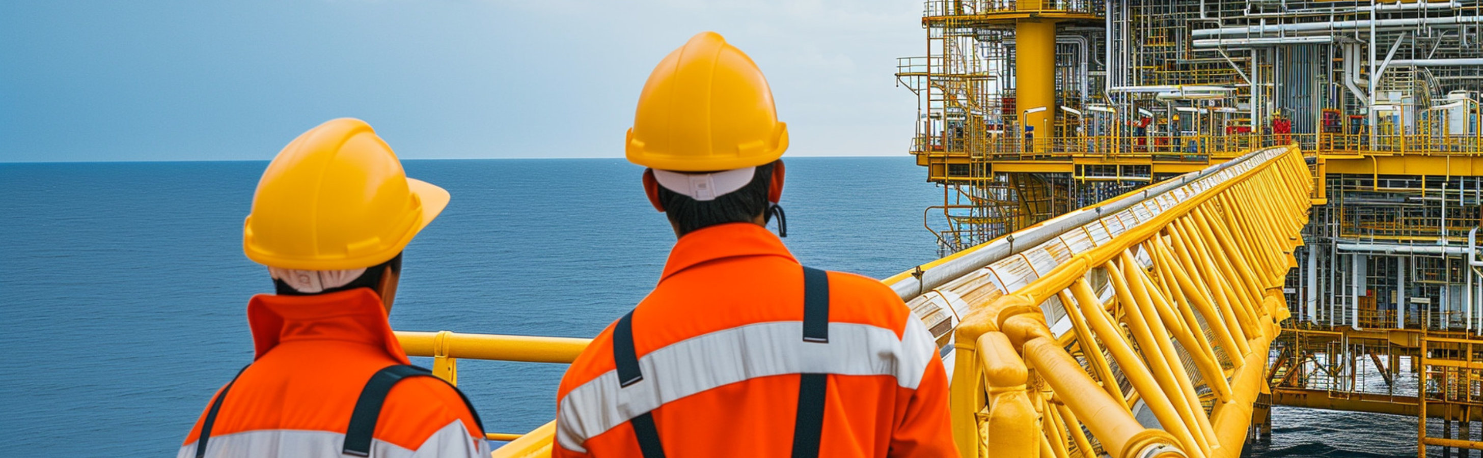 Two workers on an offshore oil and gas platform