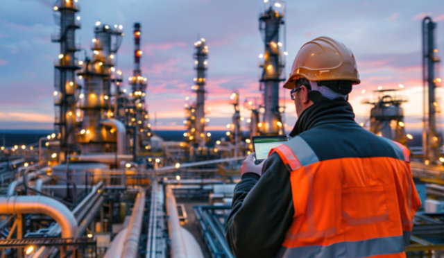 An oil and gas worker looks at a tablet while standing in the middle of a refinery