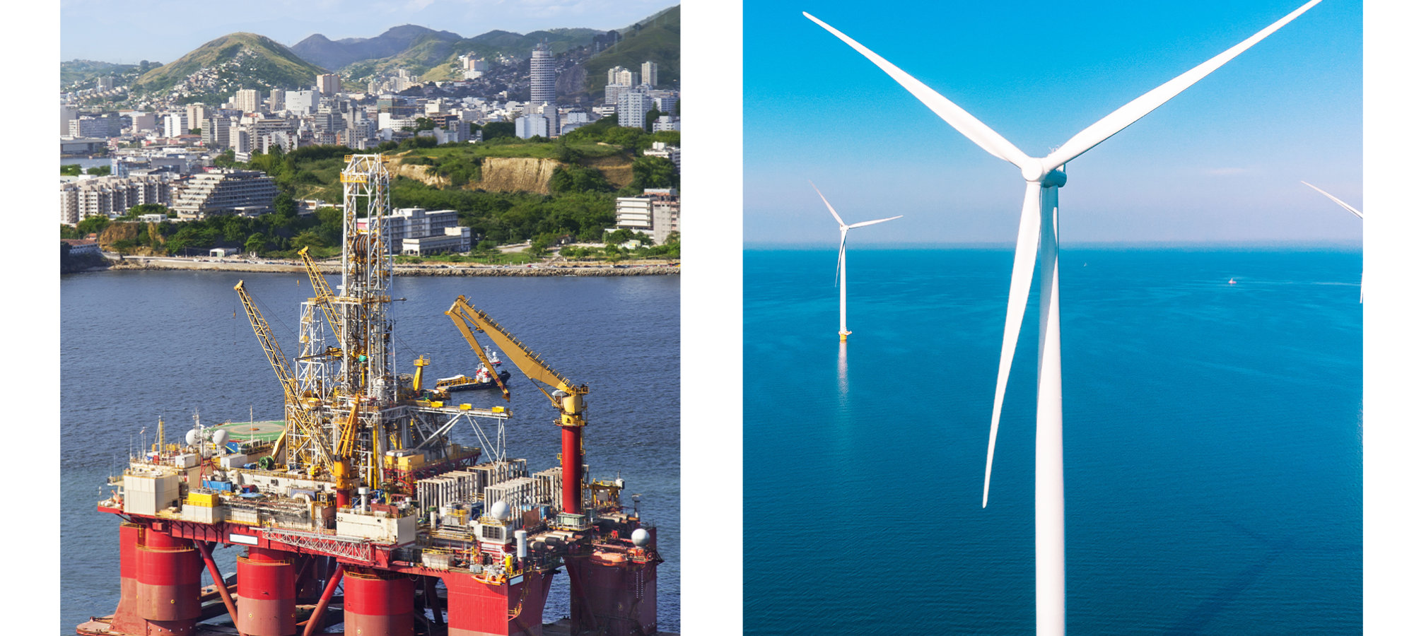 side by side comparison of an offshore oil platform and an offshore wind tower