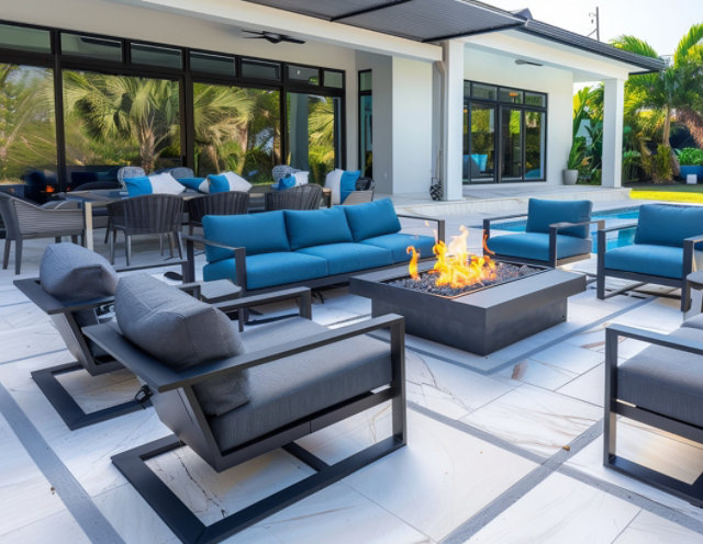Outdoor patio furniture set with blue cushions, dark grey metal frame sofa