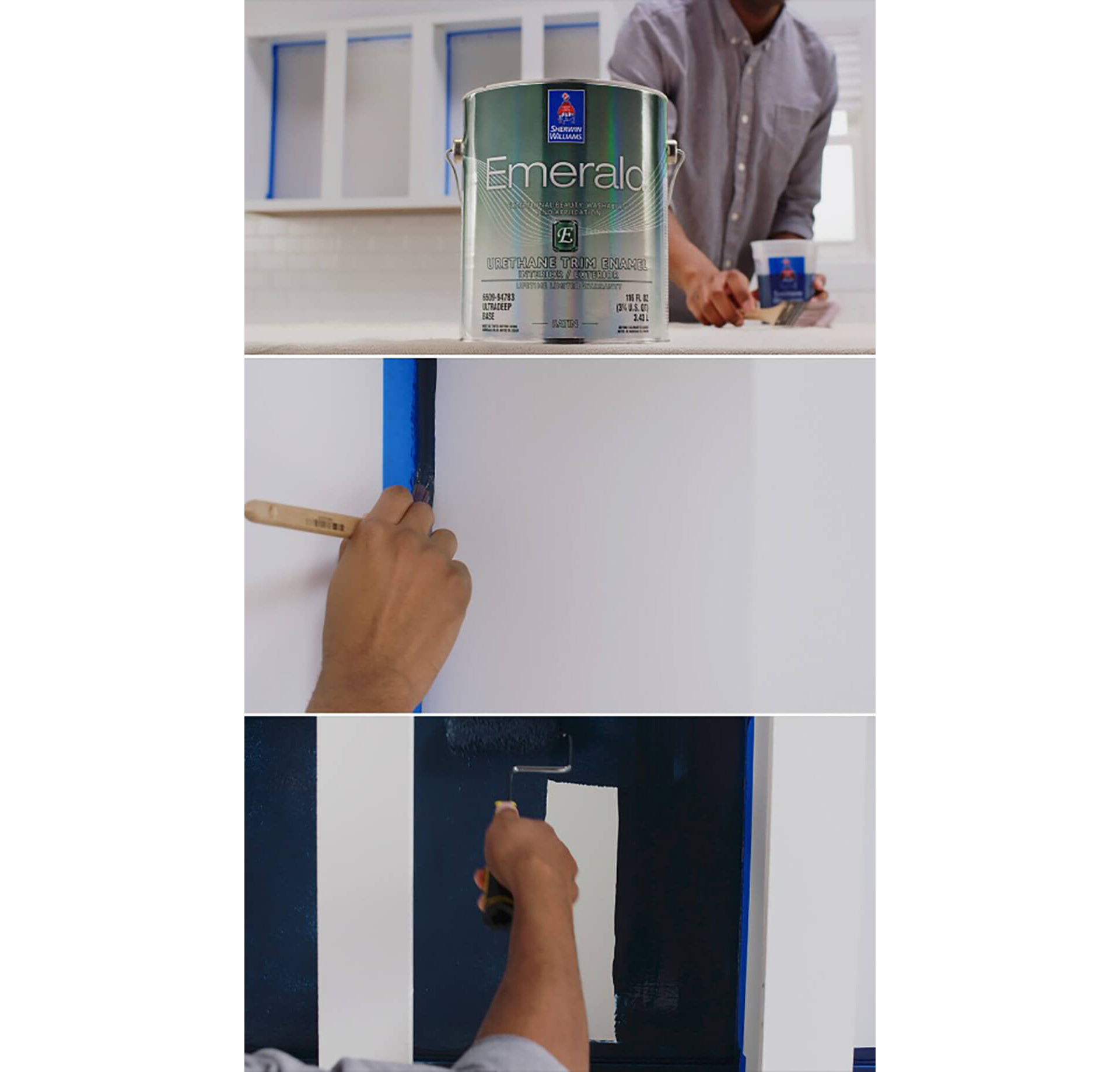 A man prepping to paint cabinets. SW color featured: SW 9178