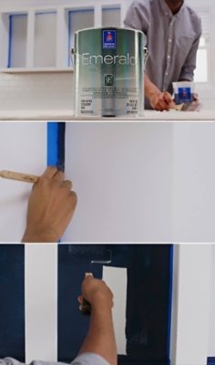 A man prepping to paint cabinets. SW color featured: SW 9178