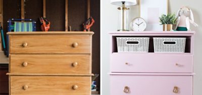 A before and after of a wooden painted dresser