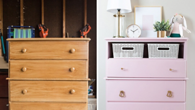 A before and after of a painted dresser