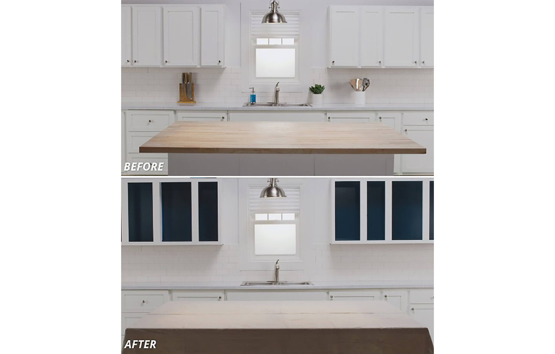 A before and after of kitchen cabinets being painted. SW color featured: SW 9178