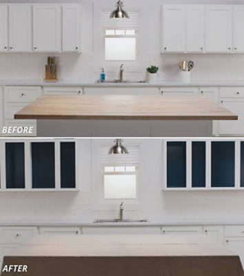 A before and after of kitchen cabinets being painted. SW color featured: SW 9178