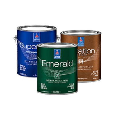 Three cans of Sherwin-Williams interior paint.