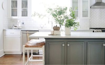 Kitchen painted white with green island.